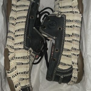 Striped Woven Boat Shoes with Black Leather Trim